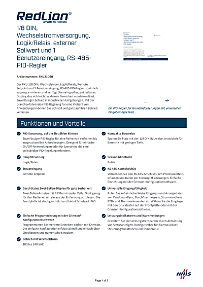 1/8 DIN, Wechselstromversorgung, Logik/Relais, externer Sollwert und 1 Benutzereingang, RS-485-PID-Regler